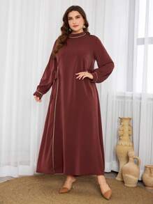 Al Najma Plus Size Women  Style Woven Belt Decor Single Tie Arabian Dress, Casual Modest Tunic Arabian Dresses, For Casual Daily - Coffee Brown - View 6