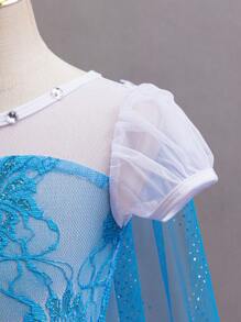 Young Girl Princess Dress With Blue Sequin Short Sleeves, Paired With Fine Mesh Tulle Train, Suitable For Formal Evenings, Galas And Parties, All Seasons - Blue - View 6