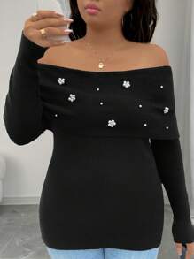 SHEIN Clasi Plus Size Floral Faux Pearls Decor Foldover Off-Shoulder Elegant Long Sleeve Pullover Sweater Knit Pullover Fall Winter - Black - View 3
