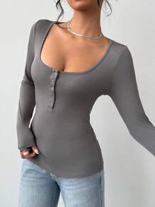 SHEIN BASICS 3pcs/Set Women's Casual Plain Knit Long Sleeve Fitted Crew Neck Half-Open Front T-Shirt