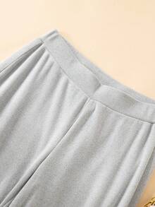 SHEIN BASICS 2 件套女士休闲纯色针织圆领修身长袖 T 恤和高腰直筒裤 - 淺灰色 - 查看 5