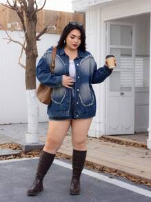 SHEIN EZwear 大码前扣破洞边饰休闲牛仔夹克，轻质牛仔布 - 深色水洗藍 - 查看 1