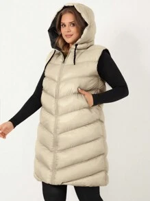 RueChic Plus Zip Up Drawstring Hooded Puffer Vest Coat - Apricot - View 5