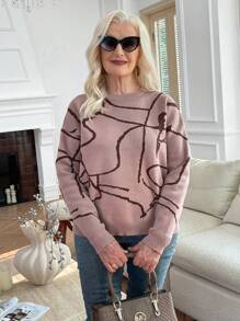 SHEIN LUNE Women's Crew Neck Jacquard Knitted Casual Sweater, Long Sleeve - Khaki - View 3