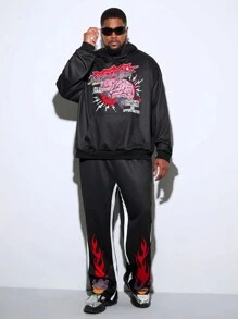 Manfinity VCAY Plus Size Men Knitted Long Sleeve Hoodie With Flame Graphic And Matching Pants Set, For Fall Winter - Black - View 1