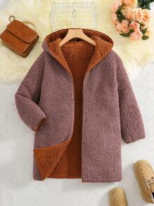 SHEIN Tween Girls' Loose Casual Plush Reversible Hooded Mid-Length Jacket - Brown - View 3