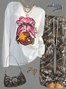 SHEIN EZwear Girls Daily Wear Rapper Athleisure Portrait Pattern White Over Size T-Shirt - White - View 6