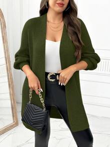 SHEIN LUNE 大码女式纯色灯笼袖休闲开衫，适合冬季 - 橄欖綠 - 查看 6