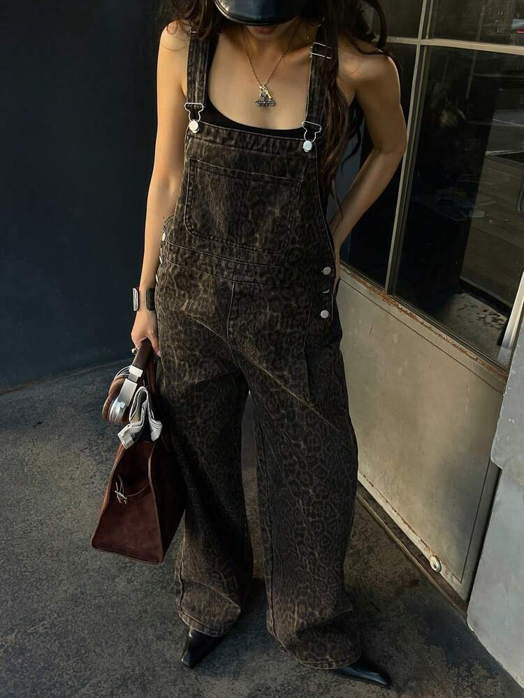 Women Casual Loose Fit Button Embellished Leopard Print Denim Overalls,Fall Clothes