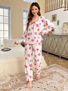 Floral Print Square Neck Bow Decor Women Pajama Set
