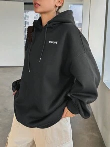 DAZY Women's Casual Slogan Printed Dropped Shoulder Loose Drawstring Hooded Long Sweatshirt, Autumn