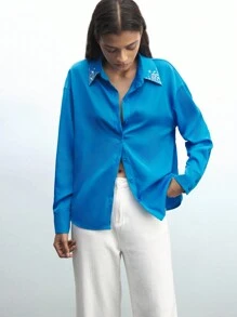 Maija Blusa elegante de manga larga con botones delanteros y adorno de strass de unicolor para mujer
