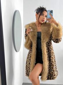 SHEIN SXY 女士蓬松拼接豹纹翻领长袖外套，秋冬季时尚，人造毛皮大衣，长款毛皮大衣，长款女士外套，毛皮背心，外出装，冬季女士外套 - 棕色 - 查看 5
