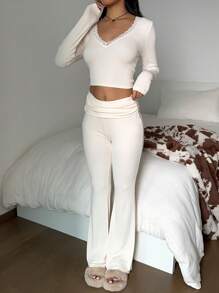 SHEIN EZwear Vrouwen V-hals Bodycon Top met lange mouwen en wijde broek 2-delige set, ribgebreid, comfortabel om thuis te dragen, herfst/winter