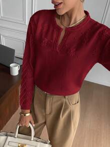 SHEIN Frenchy 女士纯色圆领刺绣休闲百搭长袖毛衣 - 紅色 - 查看 3