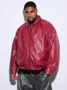 Manfinity VCAY 加大码男士长袖休闲红色仿皮宽松外出衬衫外套，适合送给朋友、丈夫、男友，秋冬季穿着 - 酒紅色 - 查看 3