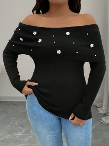 SHEIN Clasi Plus Size Floral Faux Pearls Decor Foldover Off-Shoulder Elegant Long Sleeve Pullover Sweater Knit Pullover Fall Winter - Black - View 5