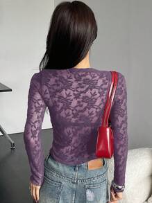 DAZY Sheer Lace Mock Neck Slim Fit Long Sleeve Blouse For Women,Fall Clothes - Purple - View 2