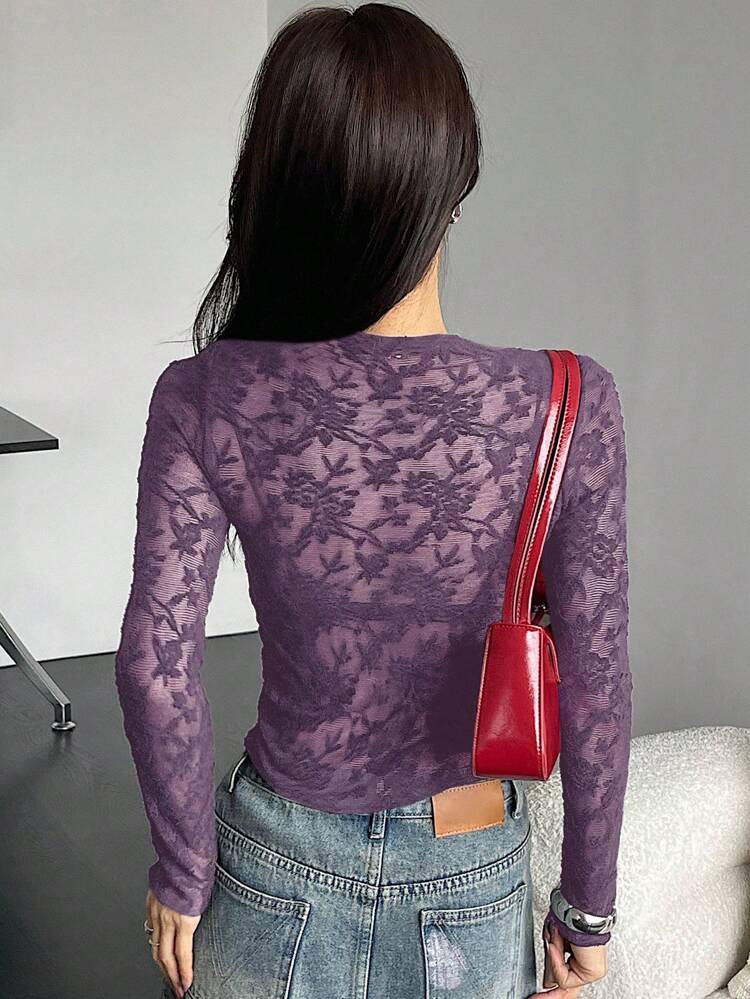 Sheer Lace Mock Neck Slim Fit Long Sleeve Blouse For Women,Fall Clothes