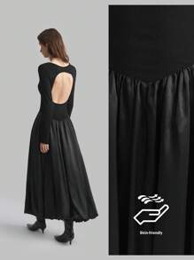 Ontre Women's Black Fashionable Everyday Hollow Back Patchwork Ruffle Hem Dress