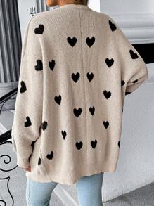 SHEIN Maternity Heart Pattern Drop Shoulder Long Sleeve Pocket Open Front Casual Knit Cardigan, Autumn/Winter