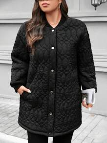 SHEIN LUNE Abrigo acolchado holgado de longitud hasta la rodilla de mujer talla grande en color negro con patrón geométrico y puños curvilíneos laterales, ropa de invierno para mujer, abrigo de invierno para vacaciones, térmica