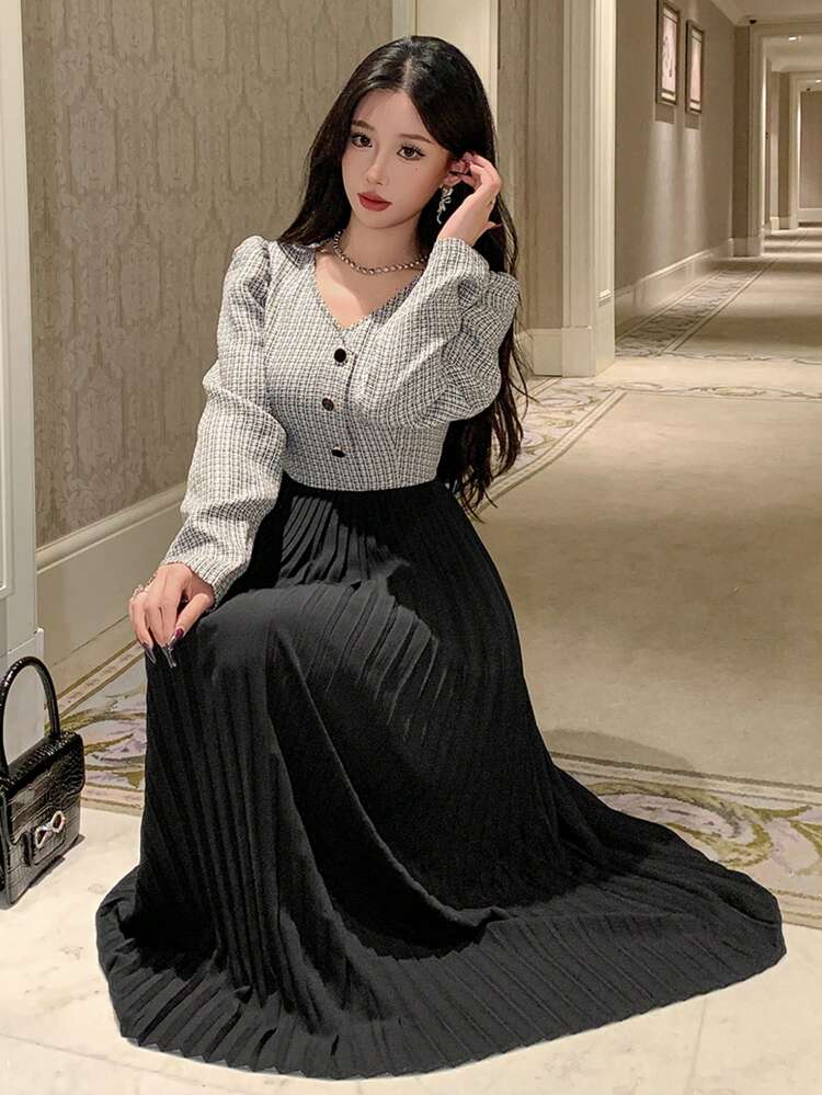 Women's V-Neck Plaid Print Button Front Splice Casual Long Sleeve Midi Dress,Fall Dress