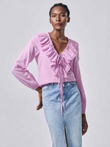 Chiquease 女士亚麻外观衬衫，带可调节饰边，V 领，宽松长袖，弹性袖口，同色面料分层装饰 - 紫丁香色 - 查看 4