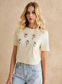 Poéselle T-shirts pour femmes Broderie Casual Floral