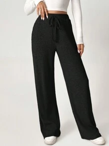 SHEIN Tall Ribbed Knit Knot Front Wide Leg Pants - Black - View 5