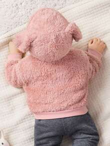 SHEIN Newborn Baby Girl Warm Plush Long Sleeve Jacket With Rabbit Ear Hood, Winter - Apricot - View 2