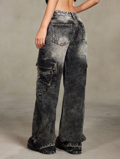 Grunge Punk Jeans de mujer con lavado vintage, pliegues, múltiples bolsillos, efecto desgastado y degradado, con estilo callejero holgado y retro
