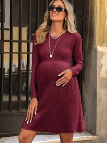 SHEIN Vestido de suéter casual de cuello redondo de unicolor para maternidad - Burdeos - Ver 4