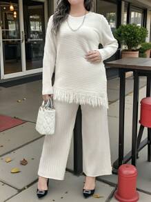 SHEIN Clasi Plus Size Crew Neck Long Sleeve Top With Tassel Hem And Pants Casual Suit Set