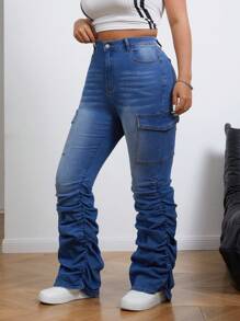 SHEIN EZwear Plus Size Color Block Ruched Pocket Casual Versatile Jeans - Medium Wash - View 5