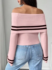 SHEIN Unity Women's Striped Foldover Off-Shoulder Bell Sleeve Cropped Casual Pullover Sweater For Autumn/Winter Knit Pullover Fall - Dusty Pink - View 2