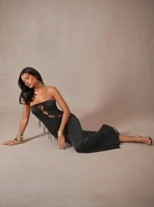 Hauture 女式黑色不对称前系带超长派对连衣裙 - 黑色 - 查看 4