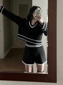 DAZY 2 件套女士撞色拼布 V 领宽松毛衣短裤套装，黑色，春秋装，秋季女装 - 黑色 - 查看 10