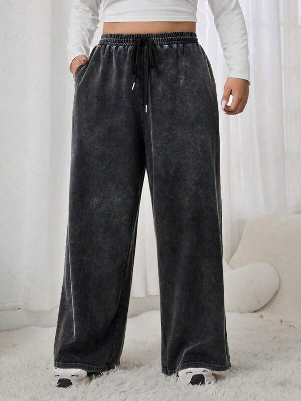 SHEIN EZwear Plus Size Black Casual Drawstring Waist Loose Sweatpants