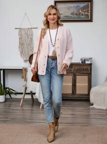 EMERY ROSE Áo len cardigan dài tay màu trơn hở vai đơn giản cho nữ, áo len cardigan màu hồng thu đông - Bụi hồng - Xem 3