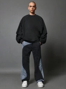 SUMWON Layered Raglan Sweatshirt Pullover Athletic Sporty Streetwear Daily Casual Winter Autumn Spring Essential Relaxed Gym Urban - Black - View 3