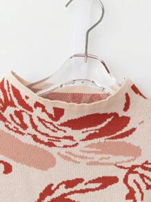 SHEIN LUNE 大码女式碎花立领落肩长袖休闲套头毛衣，秋冬针织套头衫 - 杏色 - 查看 3