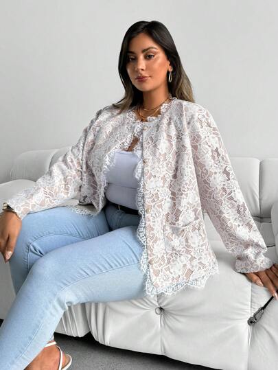 SHEIN Clasi Curvy Plus Size Women's Romantic And Elegant Lace Faux Pearl Button Cardigan Jacket, Suitable For Autumn And Winter, Daily Commuting, And Going Out