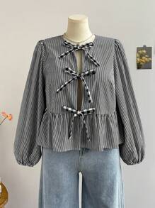 Soleia Plus Size Women Striped Long Sleeve Jacket With Plaid Bow, Winter - Black and White - View 3