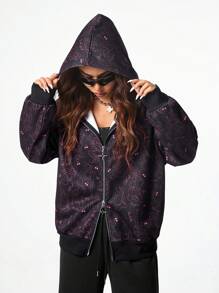 SHEIN EZwear Áo nỉ trùm đầu in họa tiết tay dài phía trước cho nữ - màu đen - Xem 7
