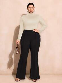 SHEIN SXY Plus Size Solid Color Slim Fit High-Necked Long Sleeve All-Match T-Shirt Basic Tees Fall - Beige - View 9