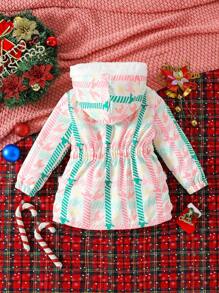 Young Girls Formal Elegant Mid-Length Zipped Plaid Digital Print Hooded Fleece Jacket, Suitable For Autumn/Winter Spring, For Christmas - Multicolor - View 2