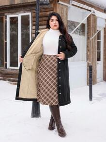 SHEIN EZwear Plus Size Washed Thermal Denim Long Jacket With Thermal Lined , Button Front, Autumn/Winter - Black - View 6