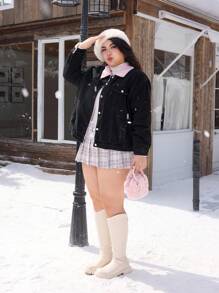 SHEIN EZwear 牛仔夹克，棉质加厚保暖毛绒外套，秋冬 - 黑色 - 查看 3