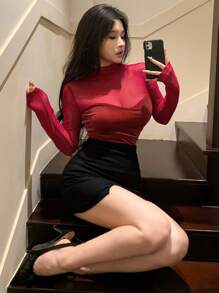 DAZY Women Sexy Long Sleeve Mesh Contrast Silky Form-Fitting T-Shirt, Autumn